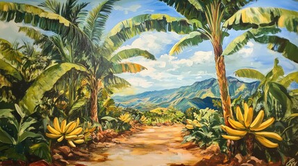 Fototapeta premium Tropical Banana Plantation Path, Lush Greenery and Distant Mountains