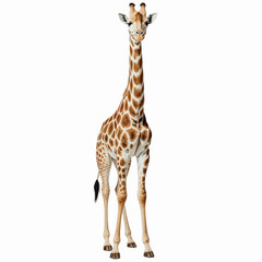 Obraz premium Majestic Giraffe Portrait: A tall giraffe stands proudly against a clean backdrop. The giraffe's unique spotted coat and long neck are showcased, capturing the grace of this iconic animal.