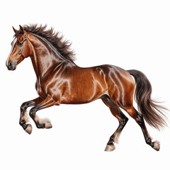 Obraz premium Brown Horse in Motion: A majestic brown horse with a flowing mane and tail, powerfully strides across the scene. Its coat gleams with health and vitality.