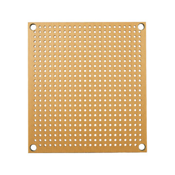 Rectangular protoboard (perfboard) of light brown phenolic resin, uniform grid of small circular holes, unblemished surface, razor-sharp on transparent isolated background with no shadows, high