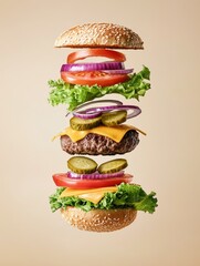 A stacked hamburger with sesame seed buns, fresh lettuce, tomato slices, pickles, onion, cheddar cheese, and a beef patty, against a neutral background.