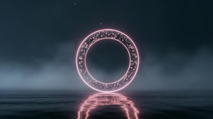Luminous neon ring hovering above misty water and releasing ascending bubbles, reflecting pink glow - Powered by Adobe