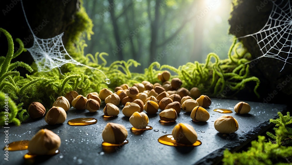 Poster hazelnuts and honey on stone slab in enchanted forest setting