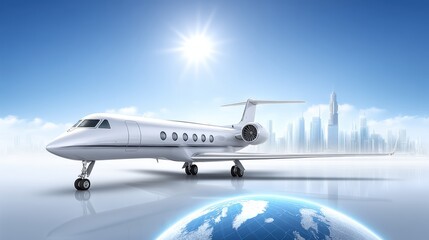 Fototapeta premium A sleek private jet is parked on a reflective surface with a bright sun above and a futuristic city skyline in the background, hovering over a digital Earth globe.