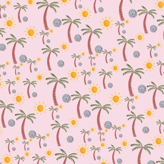 Sun-kissed Paradise: Palm Trees, Radiant Suns, and Beach Balls on Pink - Seamless Summer Pattern for Fabric, Wallpaper, and Digital Designs