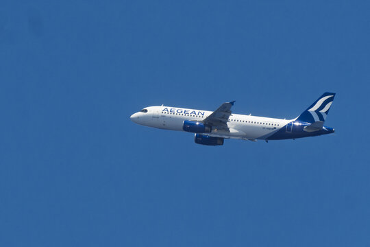 Mykonos - Greece june 19, 2025 : sign and logo on an Airbus A320 of Aegean Airways take off from Mykonos airport