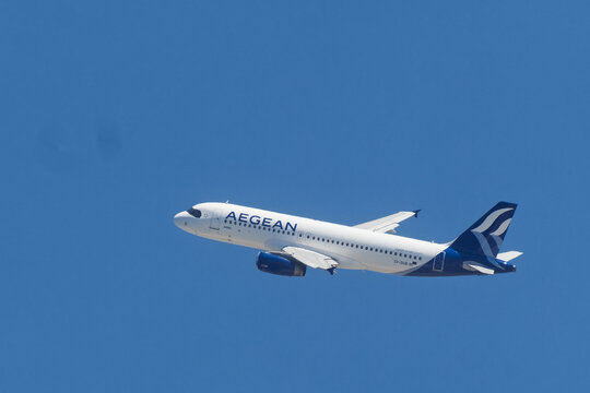 Mykonos - Greece june 19, 2025 : sign and logo on an Airbus A320 of Aegean Airways take off from Mykonos airport