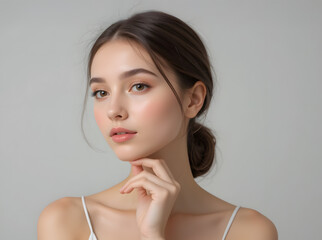 Elegant portrait of a young woman with flawless skin and soft makeup.