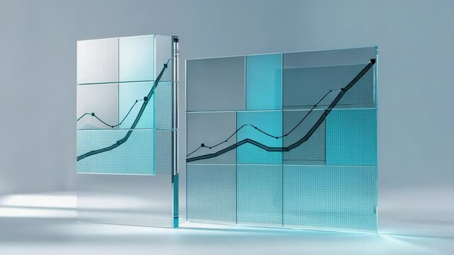Starting dark green line graphs tracing data trends on dual 3x3 glass panels in studio space
