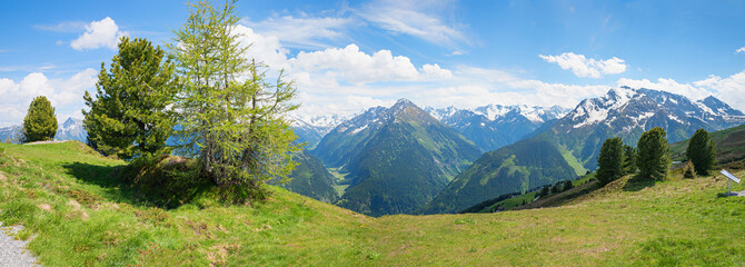 wonderful alpine landscape panorama at Penken mountain, view to Zillertal alps