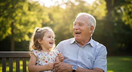 Grandfather and Granddaughter Sharing Laughter on Park Bench