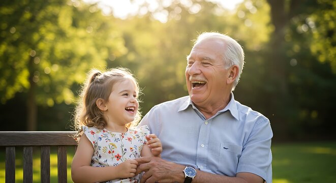 Grandfather and Granddaughter Sharing Laughter on Park Bench