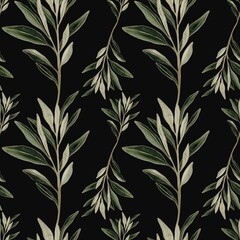 Elegant watercolor pattern of delicate leaves on a dark background for textile design