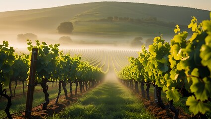 Naklejka premium Walking Through Vineyard Rows at Sunrise with Fog Rolling Over Hills