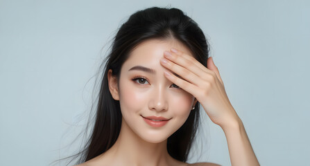 Beautiful Asian woman with perfect skin, hand on face