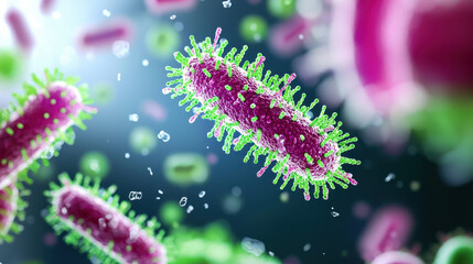 Fototapeta premium Colorful bacteria under microscope, showcasing intricate details and vibrant colors, representing germs and microorganisms