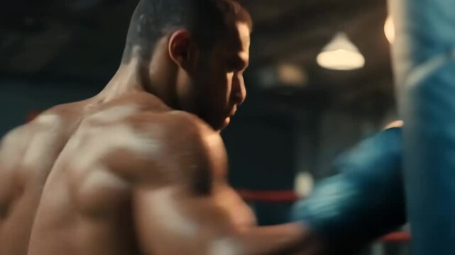 Powerful Male Athlete Punching Heavy Bag

