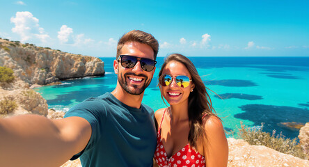 Obraz premium Happy couple taking a selfie on a beautiful beach with turquoise water