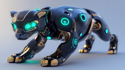 A Futuristic Robotic Cat Creature with Glowing Neon Blue Lights