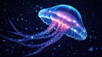 Jellyfish with glowing square and diamond patterns floating in deep blue water, dark navy background, simple shapes, minimalist design, mobile game graphics style, small fish in distance.