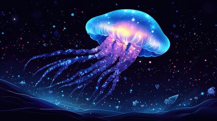Jellyfish with glowing square and diamond patterns floating in deep blue water, dark navy background, simple shapes, minimalist design, mobile game graphics style, small fish in distance.