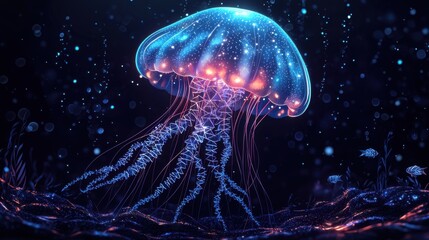 Jellyfish with glowing square and diamond patterns floating in deep blue water, dark navy background, simple shapes, minimalist design, mobile game graphics style, small fish in distance.