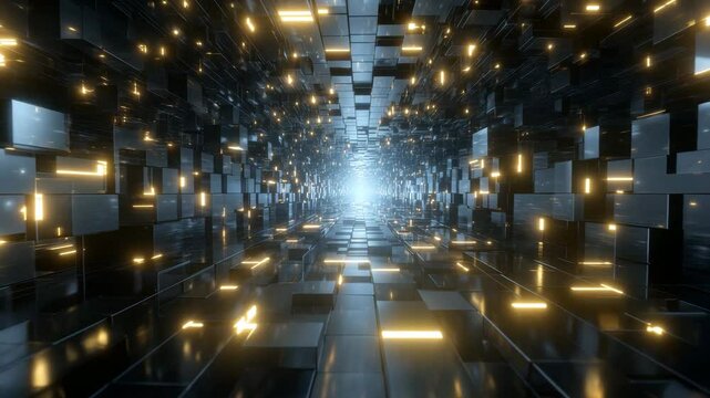 Abstract 3D Sci-Fi Corridor in Gold Light
