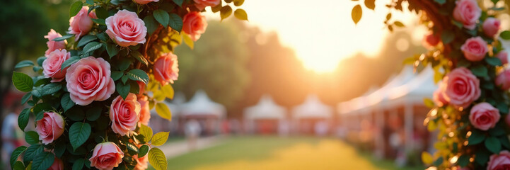 Rose festival showcasing blooming flowers in outdoor setting during golden hour with copy space