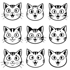 Collection of Cute Cat Faces Illustration Featuring Various Expression Adorable Kittens Funny Emotional Cats Character Design Line Art Vector