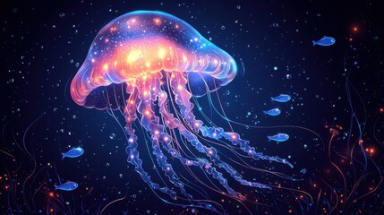 Jellyfish with glowing square and diamond patterns floating in deep blue water, dark navy background, simple shapes, minimalist design, mobile game graphics style, small fish in distance.