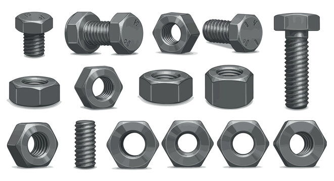 Variety of metal nuts and bolts arranged in rows vector illustration