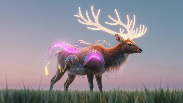 Bursting antlers sparking neon ribbon arcing over stag in dusk field, lighting grass and pastel sky - Powered by Adobe