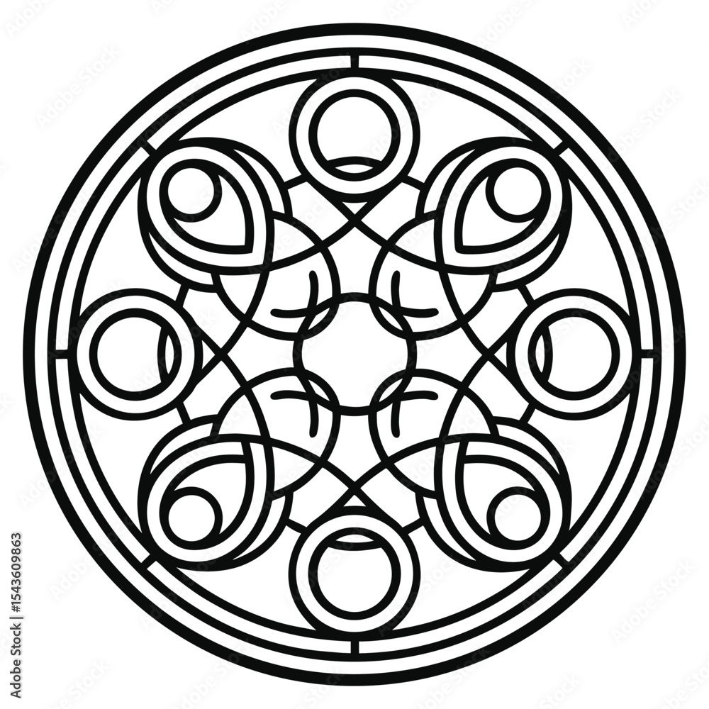 Poster abstract geometric circle design with interwoven lines and shapes, isolated on white, featuring eigh