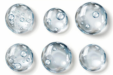 Vector abstract transparent water drops. Wave, splash and blue bubble aqua. Isolation over white background.