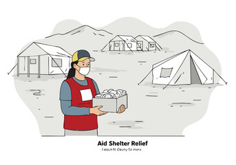volunteer distributes food boxes to displaced people in a refugee camp The scene depicts aid and relief efforts showcasing a compassionate individual assisting those in need 