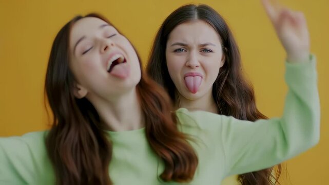 Two happy female friends pose together in a studio with a yellow wall. They laugh, make silly faces, pucker their lips for a kiss, and stick their tongues out, expressing joy and carefree energy.