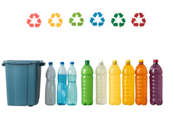 Color coded plastic bottles neatly arranged PNG Image 