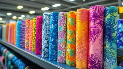 Colorful fabric rolls on shelves