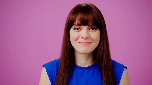 An expressive young woman with bangs looks at the camera, transitioning through emotions from shock to disgust and then a forced smile, all on a solid magenta background.