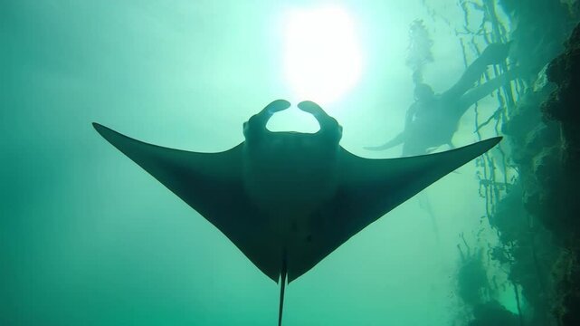 Manta ray glides gracefully through clear ocean water near coral reef