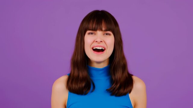 Expressive brunette in a blue top looks at the camera, making goofy faces by puffing her cheeks and making fish lips, then bursts into a joyful laugh.