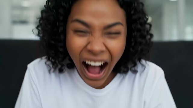 A fun-loving young woman with dark curly hair looks directly at the camera, making a sequence of playful expressions, including a kissy face, a scrunched-up smile, and a loud laugh.