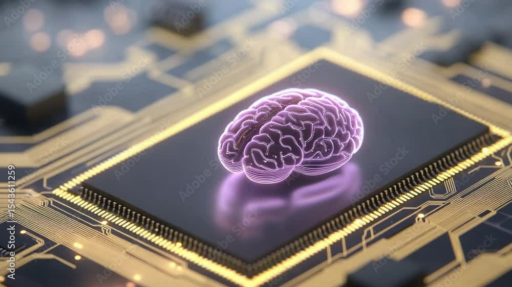 Aufkleber Artificial Brain on Microchip: A futuristic concept of a glowing, translucent brain resting atop a microchip, symbolizing artificial intelligence and neural networks.