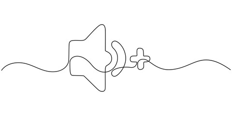 Sound volume plus continuous one line drawing, Media Thin Line Icon - Editable Stroke.