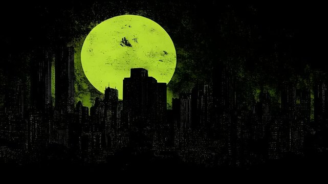 Neon Moon over Cityscape: A Textured Digital Art Rendering in Dark Green Tones