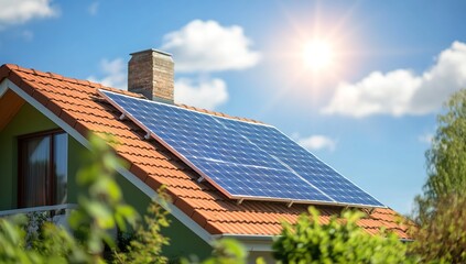 Fototapeta premium Solar Panel on House Roof Under Bright Sunshine with Blue Sky, White Clouds, and Surrounding Greenery
