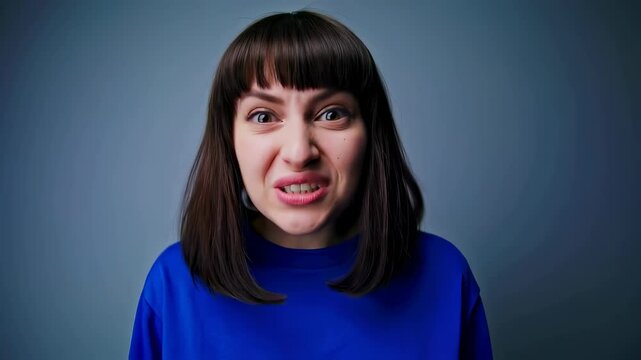 A young brunette with bangs makes expressive faces, transitioning from surprise to repulsion and then to a big, happy smile. This headshot is isolated on a simple grey-blue studio backdrop.