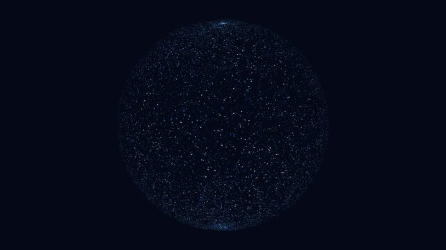 A spherical figure composed of white dots on a black backdrop resembles a celestial body. The dots are aligned in a circular formation with apparent interstitial gaps