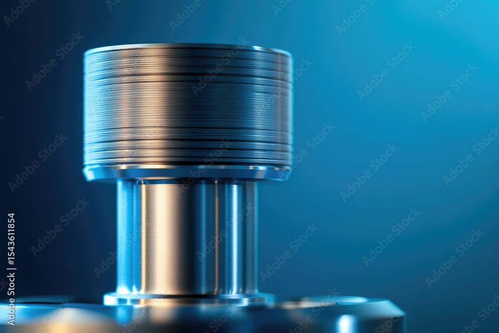Poster close-up of a metallic cylindrical component with layered structure, precision-engineered.