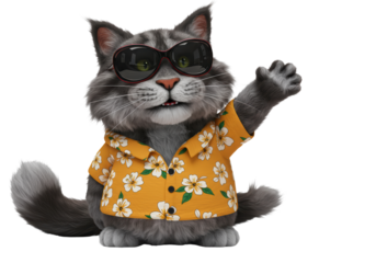 Isolated Cartoon Cat Wearing Hawaiian Shirt and Sunglasses Waving